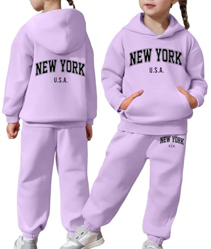 Generisch Completo invernale per bambini e neonati, ragazzi e ragazze, con maniche lunghe, felpa con cappuccio calda e pullover, pantaloni, abbigliamento per bambini, tuta da ginnastica, Lilla, 8-9