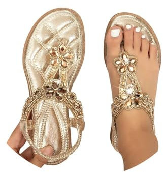 Sandales plates d'été décontractées et légères à enfiler en similicuir avec barre en T et strass pour femme, D or., 38.5 EU