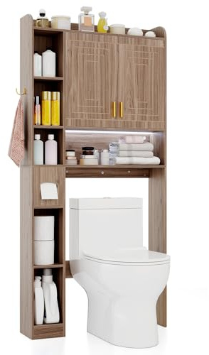 COSTWAY Mueble sobre Inodoro, Armario Independiente para Lavadora con Armario de 2 Puertas, 6 Compartimentos, Caja para Pañuelos, Gancho y Estante Ajustable, Estanterias Alta de Almacenaje (Gris)