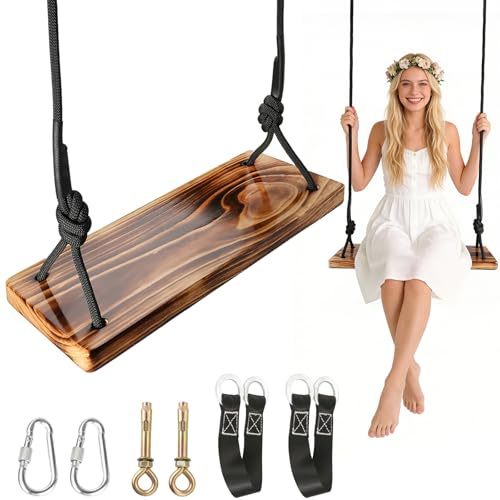 Carbonized Wooden Swing,Aspelve 18x 8 Hanging Tree Swing with Heavy Duty 440 lbs Load,Wooden Swing Seat with Adjustable Climbing Rope & Tree Straps for Outdoor and Indoor Use(18x 8)