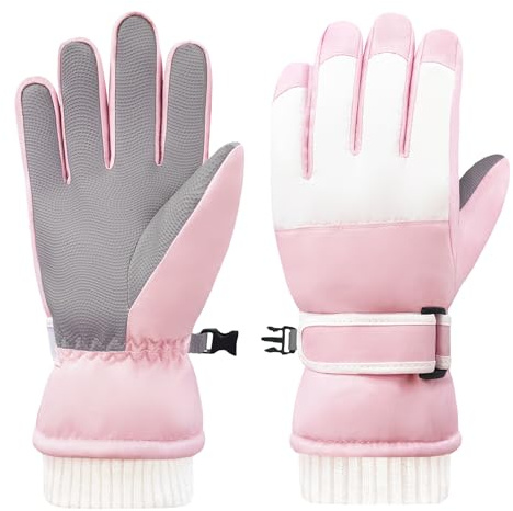 lifwimner Guantes de Esquí Niños, Guantes Invierno Impermeable, Guant Cálido de Polar para Snowboard Deporte Aire Libre (Rosa, Large)