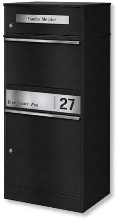 Metzler Paketbox mit 1 Briefkasten – Einzel-Briefkasten mit Paketfach & Namensgravur, personalisierte Blende aus Edelstahl – Outdoor Paketbriefkasten draußen XXL – Schwarz – Modell Bispo