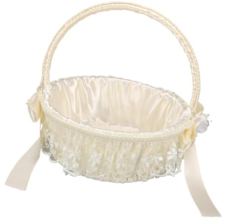 OEBUAFI Cesta de Flores de Boda, Elegante Cesta de Flores con Adornos de Encaje para Accesorios de Celebración, de Hierro de Tela de Primera Calidad para Esparcir Pétalos, Decoración del Hogar