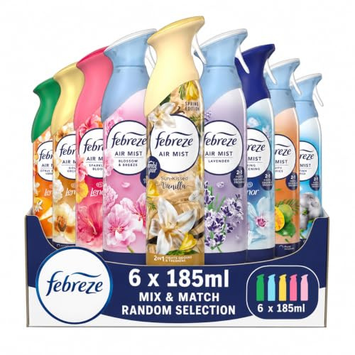 Febreze Air Mist Air Freshener 185ml Multipack – 6 x 185ml Mix & Match Random Selection | Odour Eliminator Home & Room Freshener | Assorted Fragrances