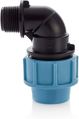 HYDROBIL Raccordi idraulici per tubi dell'acqua, Adattatore a gomito maschio BSP da 25 mm x 3/4, Tubo in plastica MDPE, 16 Bar, Temperatura max. 45 °C, Raccordi in MDPE, Connettore per rubinetto
