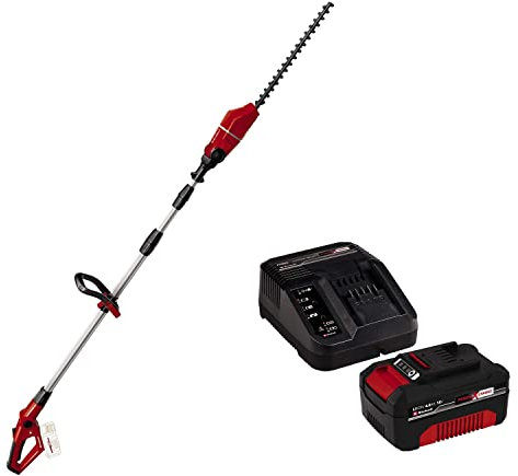 Einhell Tagliasiepi Telescopico a Batteria GE-HH 18/45 Li T-Solo (impugnatura principale inclinabile) + Power-X-Change Starter Kit, Caricabatteria e Batteria da 4000 mAh Li-Ion, Nero, Rosso