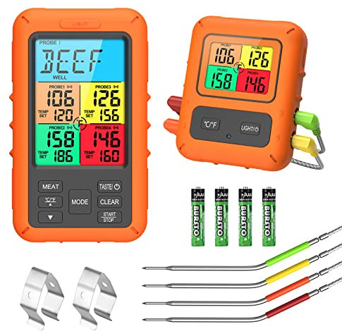 Brifit Grillthermometer, Funk Fleischthermometer, Digitales Bratenthermometer mit 4 Sonden, Großes LCD-Display, 150m Reichweite Kochthermometermit Timer und Alarm für Steak Backofen Garten BBQ