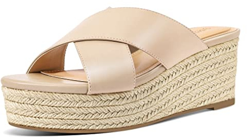 PIZZ ANNU Womens Platform Sandals Wedge Espadrille Slip on Crossover Slides Ladies Open Toe Summer Chunky Shoes Sand Size 4.5