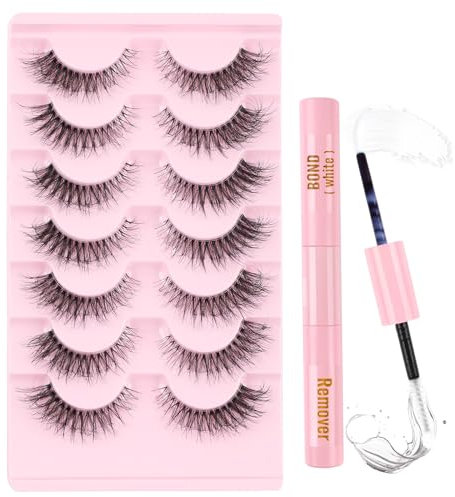 Poiuyoiu Fluffy Clear Strip Wimpern-Set mit Kleber und Entferner für Künstliche Wimpern Wispy Cat Eye Lashes 7 Paar Natürlich Aussehende Wimpern Wiederverwendbare 3D-Streifen-Wimpernverlängerung