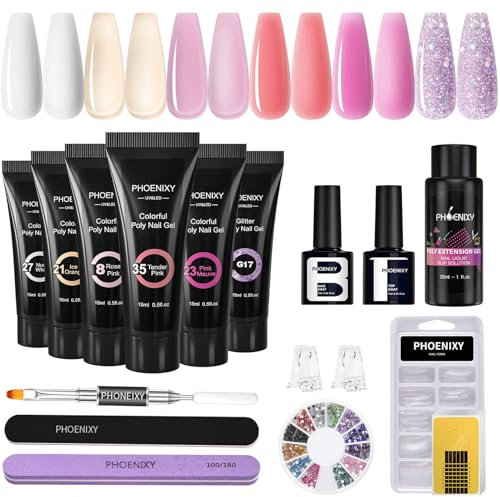 Phoenixy Kit Ongle Gel UV Complet, 6 Colors 15 ml Kit Ongle Gel Rose Nail Art Construction Outils de Manucure Pour Les Débutantes Kit DIY de Nail Art à La Maison