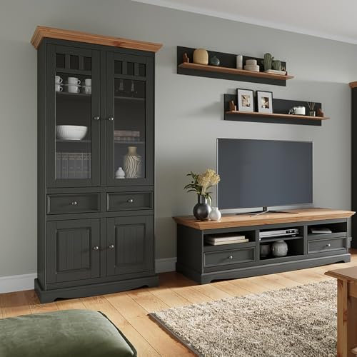 Lomadox Wohnzimmer Set Wohnzimmermöbel, Massivholz in grau mit Kiefer Optik, 4-teilig Vitrinenschrank, Wandboards, TV-Lowboard