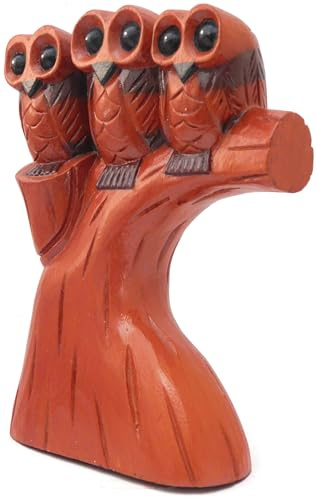 Brave Wings Hand Carved Wooden Owl ~ Three Owls on a Branch 25cm High ~ Ornament Sculpture Figurine Statue Unique Table Decoration Home Decor ~ 4702