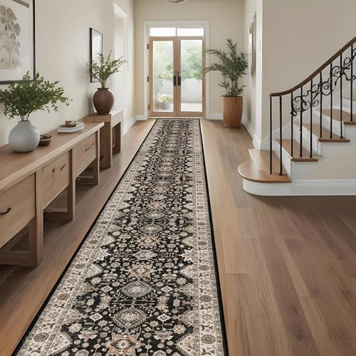 Long Hallway Runner Rug 3x25: Non Slip Runner Rugs with Rubber Backing Soft Kitchen Rug Farmhouse Distressed Carpet Runner for Living Room Bedroom Bathroom (Black, 3X25)
