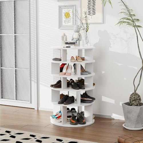 Roomark Drehbares Schuhregal mit 5 Ebenen, um 360 ° drehbarer Schuhregal,Schuhkarussell für Eingang, Schlafzimmer und Flur (Weiß)