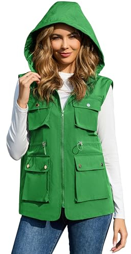 PESION Packbare Militär-Weste für Damen, Oberbekleidung, wasserdicht, Windjacke, Cargo-Weste mit abnehmbarer Kapuze, Grün, M