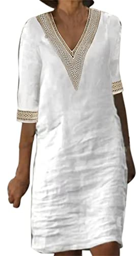 Robe Mi Longue Femme 3/4 Manches Été Col V Dentelle Épissage Droite Loose Robes Casual Pas Cher Confortable Respirant Rétro De Vacances À La Plage Grande Taille Dress