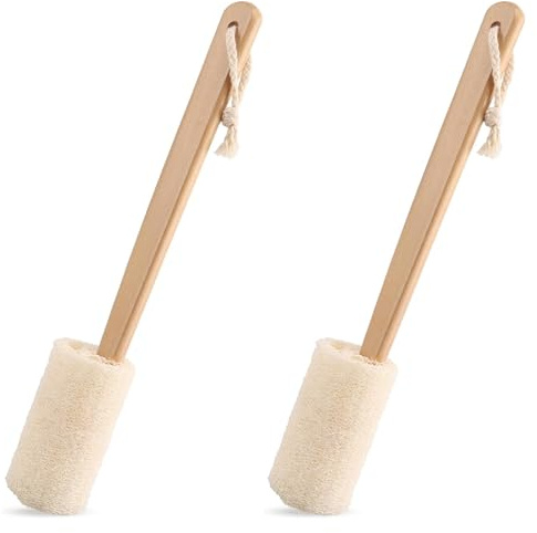Natural Loofah Back Scrubber Exfoliating Luffa Loofa Bath Brush On a Stick, 15.75'' Wooden Handle Loofah Tubular Sponge Back Brush for Men & Women, Bath Spa Shower Sponge Body Back Scrubber Pack of 2