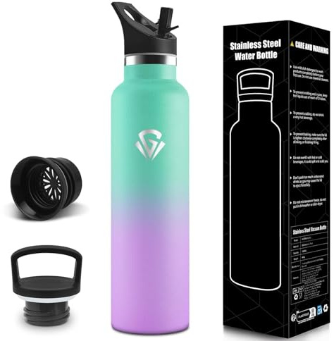 Gourde, 1000 ml Sans BPA, Gourde Isotherme, Gourdes Avec Paille et 2 Couvercles, Bouteille d'eau, 304 Acier Inoxydable, Bouteille Isotherme pour Camping, Salle de Sport, Bureau - Vertlac&violetclair