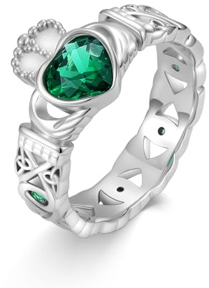Seiyang Claddagh Emerald Birthstone Ring 925 Sterling Silver Irish Claddagh Trinity Knot Celtic Wedding Promise Ring with May Birthstone Irish Lucky Jewelry Gifts for Women Mom Her#6