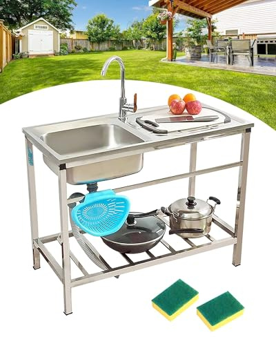 Catering Lavello da Cucina Esterno in 304 Acciaio Inox Autoportante Commerciale Lavatoio da Giardino Campeggio con Rubinetto E Gocciolatoio, Lavabo di Utilità Robusto E Stabile(75x40xH75cm)