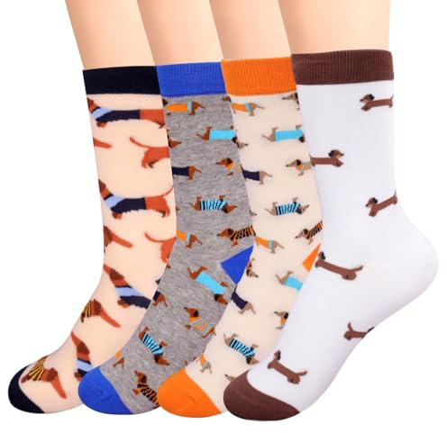 4 Paar Dackel Socken für Männer und Frauen, Dackel Geschenke, Viele Lustige Designs, Geschenke für Lieblingsmensch Frauen Männer Kinder Geburtstag (Klassiker)