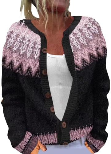 Cardigan Femme Tricoté à Boutons, Chic et Elegant, Gilet Femme Norvégien Jacquard à Manches Longues, Cardigan Pull Irlandais Mohair, Pulls, Gilets et Sweats Hiver Chaud, Gilet Laine Cachemire de Noel