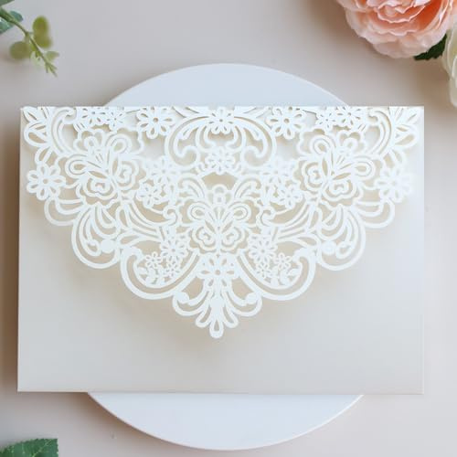 Hosmsua 20pz Avorio Invito di Nozze, Triplo Piegamento Taglio Laser Flora Biglietto d'invito con Cartolina di Conferma e Buste per Matrimonio e Anniversario, Compleanno