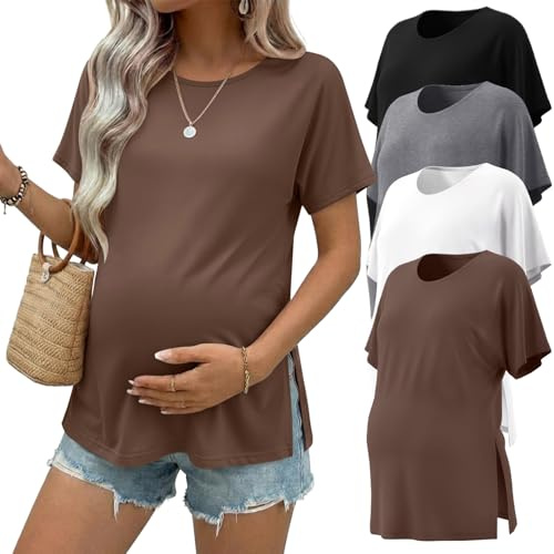 Ekouaer 4 Pack Maternity Shirts Short Sleeve Pregnancy Tunic Tops Casual Postpartum Outfits Split Side Mama Clothes Black/Brown/Gray/White L