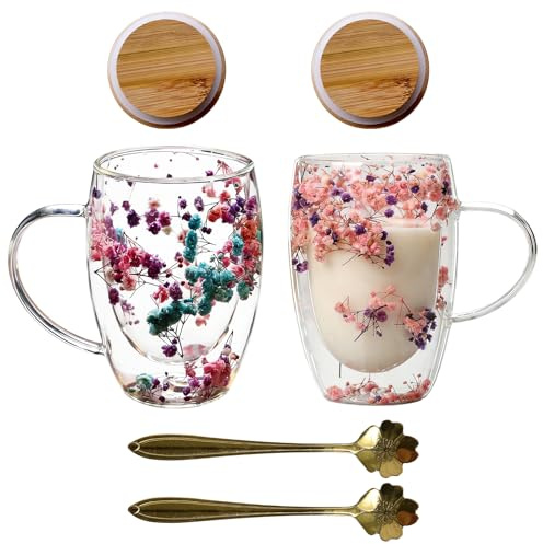 GOEDCH Juego de 2 vasos de café de doble pared de 350 ml: vidrio de borosilicato de alta calidad, vasos de doble pared, con flores secas auténticas, vasos térmicos de doble pared, para café y té