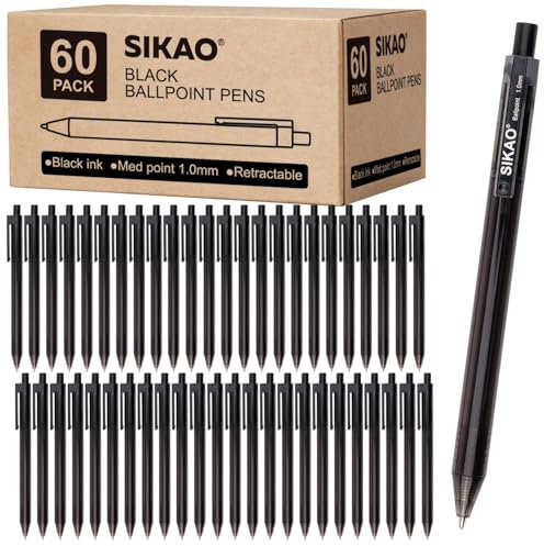 Stifte Bulk, schwarze Kugelschreiber, 60Pack für glattes Schreiben, kein Abstrich, schwarze Tinte, Medium Point 1.0mm, einziehbare Klick-Stifte