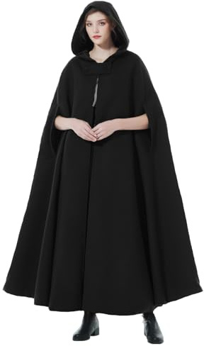 BEAUTELICATE Donna Mantello con Cappuccio Inverno Misto Lana Cappotto Medievale Robe Lungo Poncho Giacca con Giromanica per Cosplay Halloween Costume Natale Matrimonio (Nero - Lunghezza Intera 127cm)