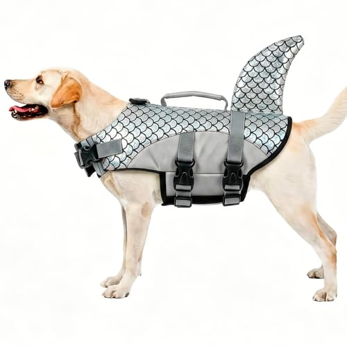 Giubbotto Salvagente per Cani, Giacca di Salvataggio Protettivo Gilet Salvagente con Fissaggio Regolabile e Manico per Cani di Taglia Piccola Media e Grande(Grigio, XXL)