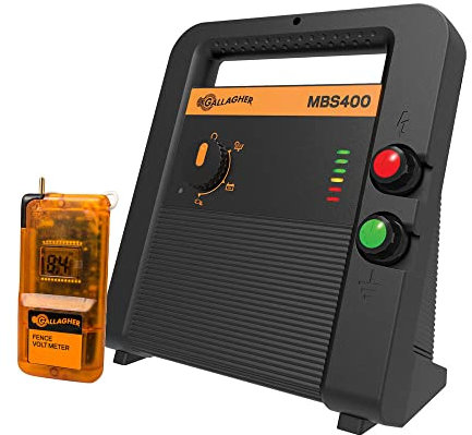 Gallagher Weidezaungerät/Dualgerät MBS400 (12V/230V) + Voltmeter - Elektrozaun für Pferde, Rinder, Schafe, Rehe & Hirsche, Schweine, Wölfe, Ziegen, Füchse - Geeignet für Weidezäune bis 85 km