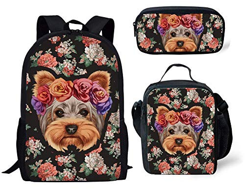 Binienty Kinder Mode Schulranzen Set 3 in 1, Rucksack, Lunchtasche, Federmäppchen für Jungen Mädchen, Floral Yorkshire, Einheitsgröße,