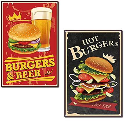 CREATCABIN 2pc Targa in Metallo Targa in Metallo Hot Burgers Birra Cibo Retro Vintage Divertente Wall Art Murale Hanging Iron Painting Casa Giardino Cucina Soggiorno Ufficio Garage 12 x 8 Pollici