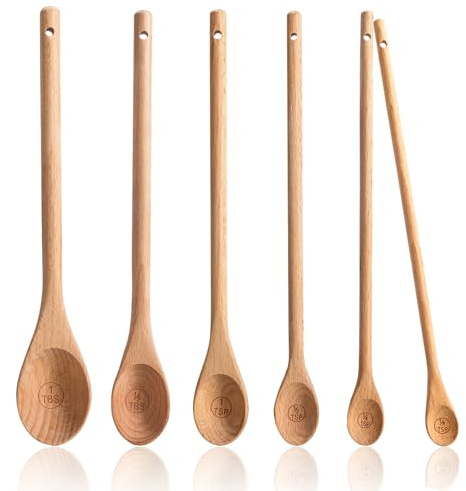 6pcs Meauring Spoons Set - Wood Tablespoon Teaspoon Measuring Spoons 1/8 TSP, 1/4 TSP, 1/2 TSP, 1 TSP, 1/2 tbsp & 1 tbsp for Measuring Dry Ingredients for Cooking Baking Gift, 25cm Long