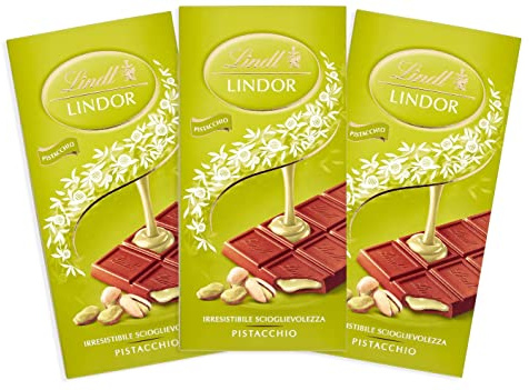 3X Lindt, Tavoletta Lindor al Cioccolato al Latte con Morbido Ripieno al Pistacchio 100 g [3 Pezzi]