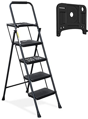 HBTower 4 Step Ladder with Tool Tray, Folding Step Stool with Wide Non-Slip Pedal and Comfort Handgrip for Household and Office, Lightweight 330lbs Capacity Step Ladder, Black