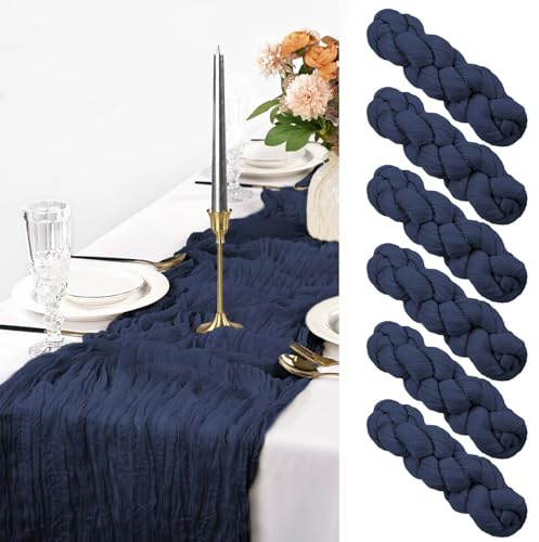 Pesonlook 6 Stück Marineblau Käsetuch Tischläufer Lang, 90 x 300 cm | 3 m lang, Rustikaler Gaze Stoff Boho halbtransparent Hochzeits Seihtuch Tischläufer für Hochzeit, Party, Brautparty，Bankett