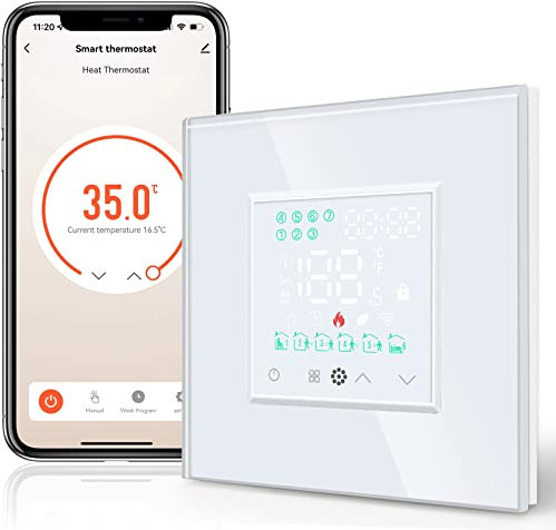 BSEED Smart Home, WiFi Raumthermostat Heizung programmierbare Temperatursteuerung für Wasser Fußbodenheizung, Alexa Google Home Tuya kompatibel ohne Batterien Weiß