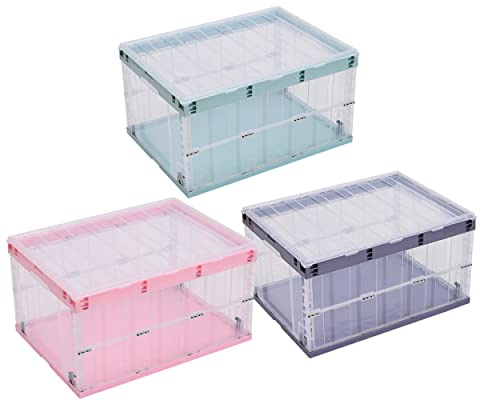 TUKA-i-AKUT 6x Faltbare Aufbewahrungsboxen mit Deckel, Stapelbar Faltbar, Stabile Stapelkisten mit Handgriff, Stapelbehälter Organizer Faltboxen Stapelboxen Durchsichtig, 6x 55L in 3 Farben TKD8640