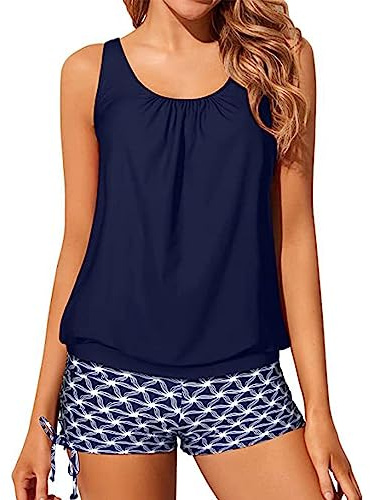 IHCEMIH Swimming Costume Women Tankinis Sets Blouson Swimsuits Push up High Waisted Swimwear Bathing Suit Women's Printed Beachwear 2 Piece Tankini with String Shorts for Ladies Blue L
