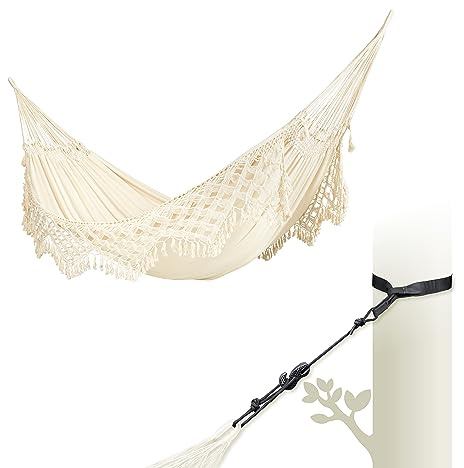 LA SIESTA® Bossanova Bio-Baumwoll Hängematte & Baum-& Pfosten-Befestigung, Gurten für Baumen Balken & Pfosten - Balkon Indoor Outdoor Hängematte, 2 Personen Makramee Boho Hängematte - Kingsize, Latte