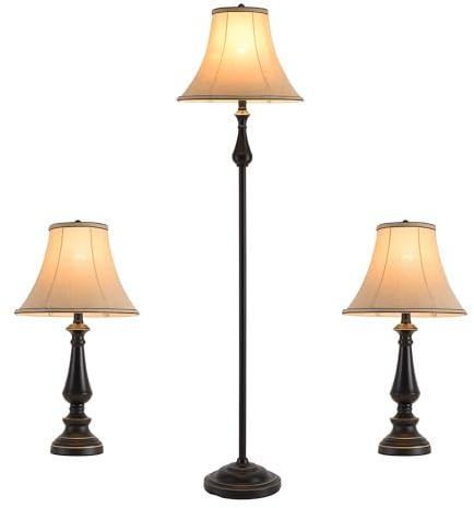 Smeike 3-Piece Lamp Set (Table & Floor), Black Finish Vintage Brown Fabric Shades for Bedroom