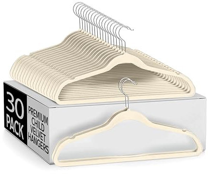Sleek Pick Premium Kinder-Kleiderbügel, Samt, elfenbeinfarben, 30 Stück, 20,1 x 35,1 cm, rutschfeste Filz-Kleiderbügel, strapazierfähig, ultradünn, Kinderbügel, platzsparende Kleiderbügel, 360 Haken,