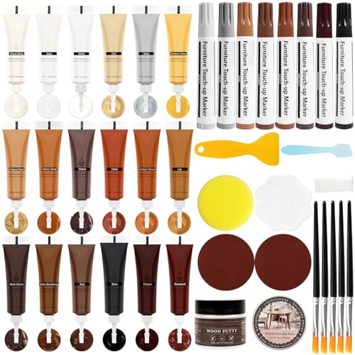 DEWEL Laminat Reparaturset 40 Set, 18 Farben Holzspachtelmasse, 8 Stück Möbelmarker, Holzkitt 100g und Holzölwachs 25g, Boden Und Möbel Reparaturset Für Kratzer, Risse, Löcher, Holzboden, Tisch, Tür