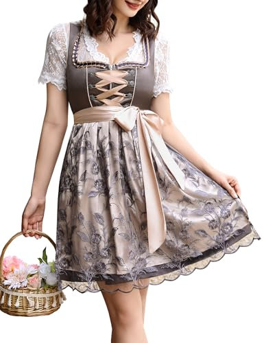 KOJOOIN Kurz Dirndl Damen 3Tlg. Trachtenkleid Midi für Oktoberfest mit Spitzenschürze Grau 36