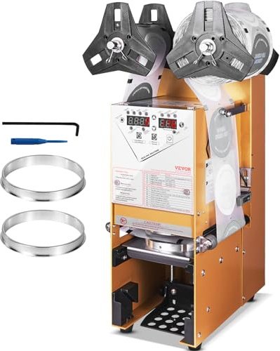 VEVOR Machine à sceller tasses entièrement automatique, 500-650 tasses/h, scelleuse électrique à thé Boba 180 mm hauteur 90/95 mm panneau LCD de commande numérique pour thé au lait à bulles, café, or