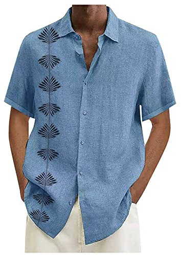 Chemise Lin Homme Chemises Ete Fleur Imprimé Plage Chemises décontractées Chemise à Manches Courtes d'été de Plage
