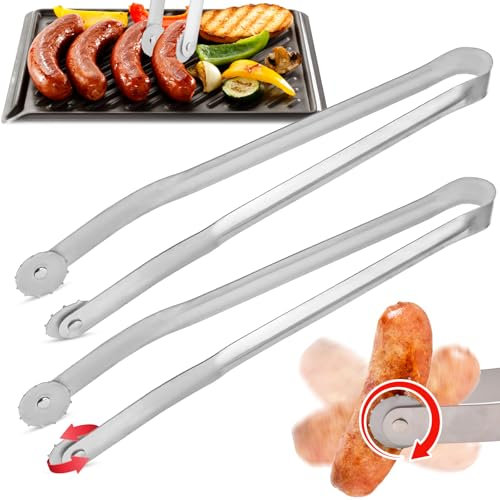 Pipihome 2Pcs Grillzange Mit Rädchen, WüRstchen Wendezange BBQ Edelstahl Grillzange Drehbar Würstchen Grillzange, BBQ Sausage Turning Tongs, Küchenzange Grillzange Lang für Grill, BBQ Zubehör